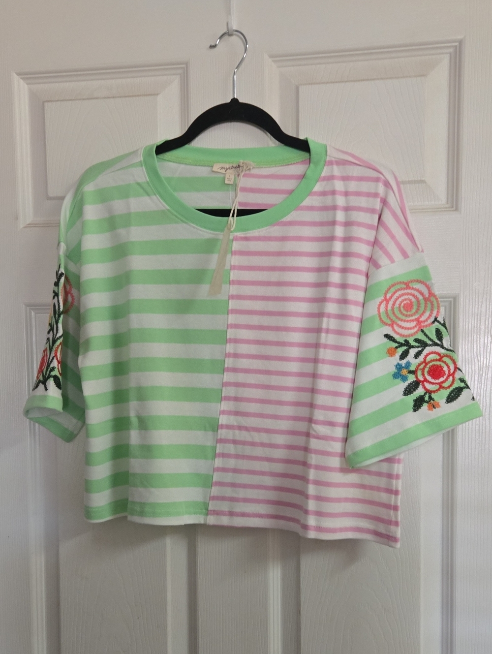 Mystree Mint & Pink Striped Tee with Floral Embroidery